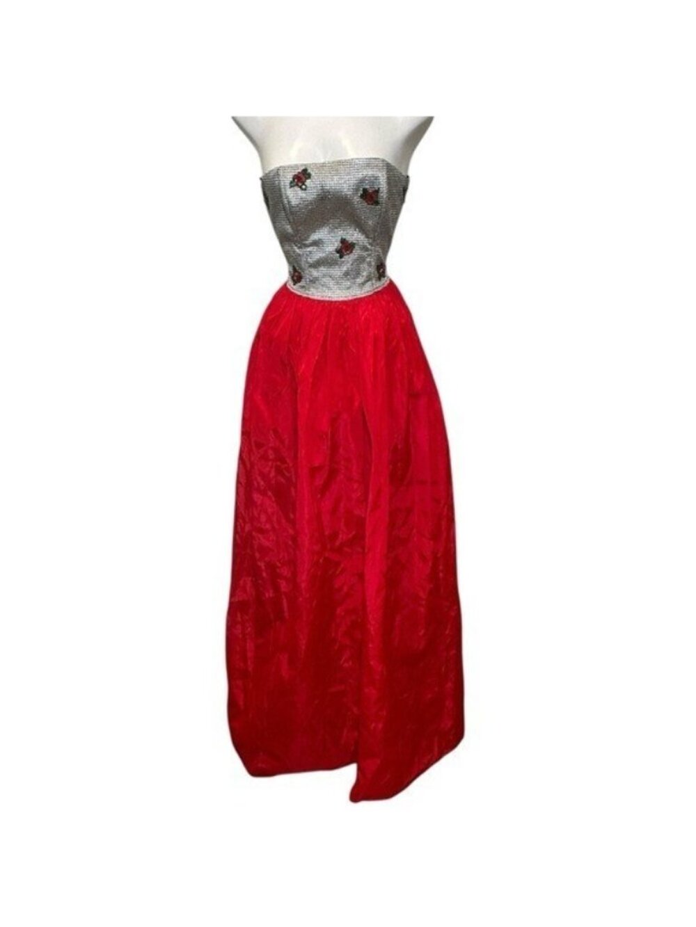 Vintage Y2K Red Taffeta Silver Sequin Floral Strapless Prom Party Dress Size 3/4